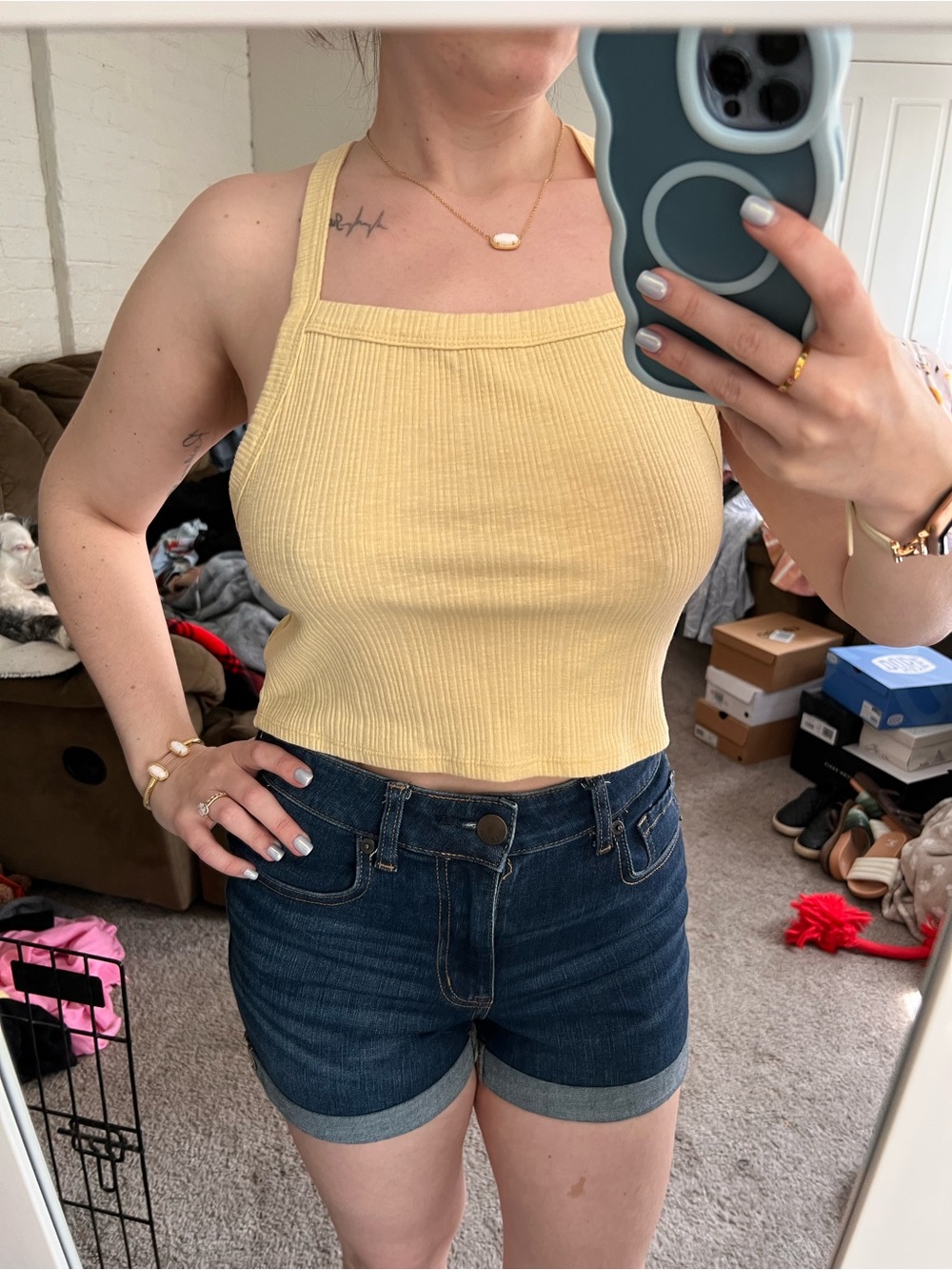 American Eagle Outfitters Ribbed Halter Crop Top — Pale Yellow